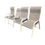 A set of four garden armchairs with fabric type seats on rounded rectangular metal frames. (4)