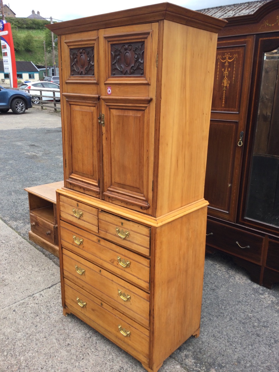 A married Victorian satin walnut press cupboard, with moulded cornice above two scroll carved and - Image 3 of 3