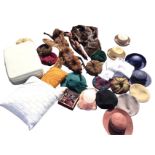 A quantity of vintage ladies hats - velvet, fur, beret style, straw, etc; miscellaneous linen