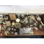 Miscellaneous silver plate including a pair of candlesticks, cruets, handbeaten pewter, salts,
