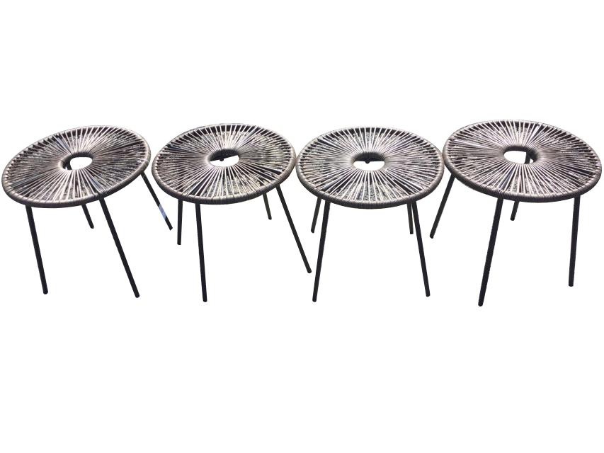 A set of four new circular outdoor stools, with strung seats on metal frames with angled legs. (4)