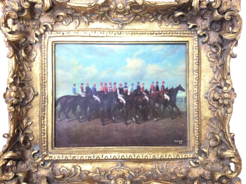 A nineteenth century style gilt framed porcelain panel depicting mounted racehorses after Veal dated