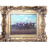 A nineteenth century style gilt framed porcelain panel depicting mounted racehorses after Veal dated