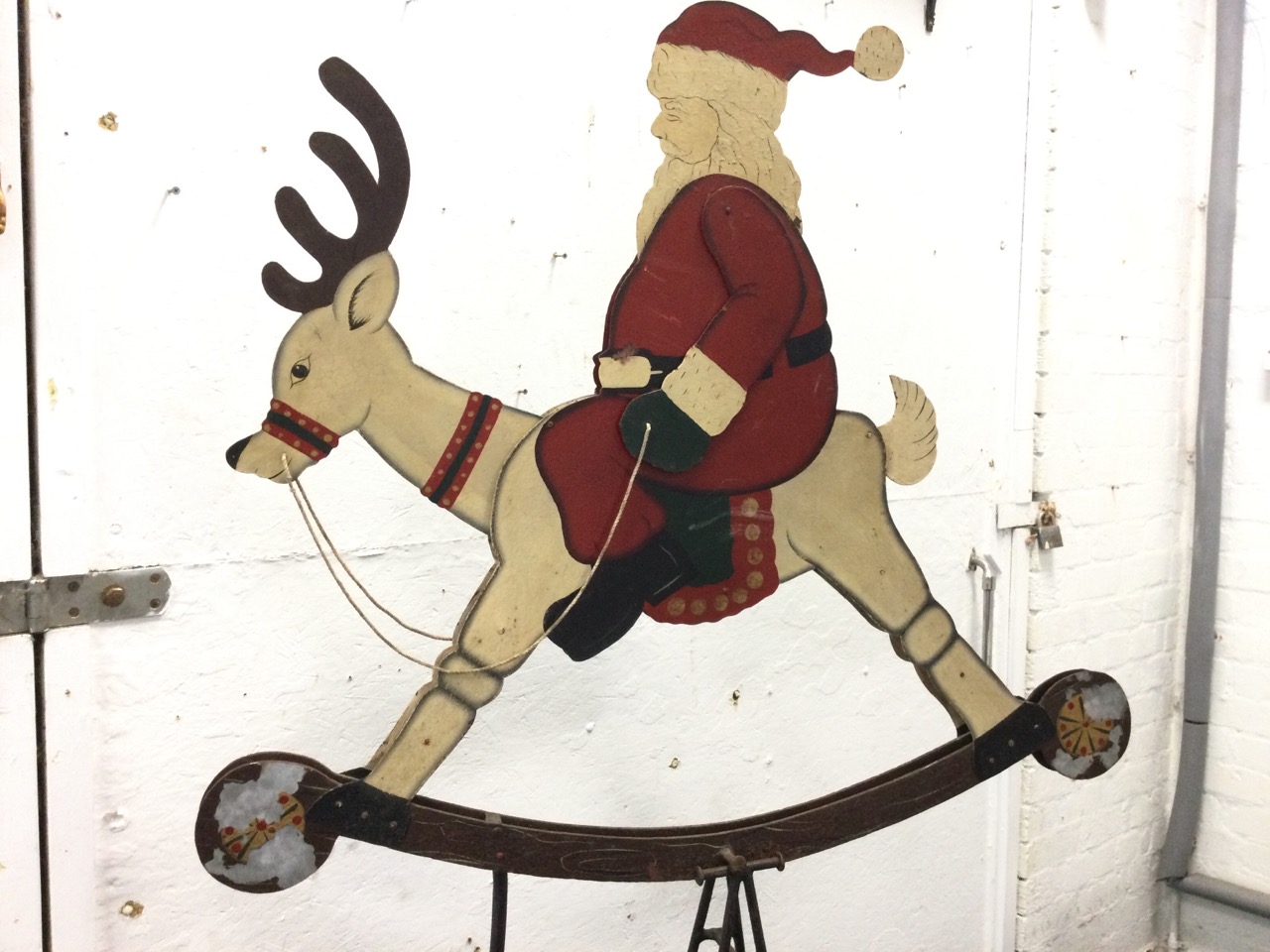 A large 6ft 8in tall metal Father Christmas display rocking reindeer, the weighted figure with - Image 2 of 3