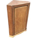 An oak corner cabinet with fielded panelled mahogany door, raised on shaped apron, the interior