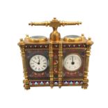 A French Edwardian enamelled brass desk-top clock barometer, the twin instruments with enamelled