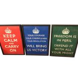 A set of three reproduction framed wartime propaganda posters. (18in x 25in) (3)