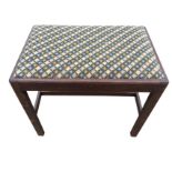 A rectangular upholstered mahogany stool with drop-in needlework seat in moulded frame, raised on