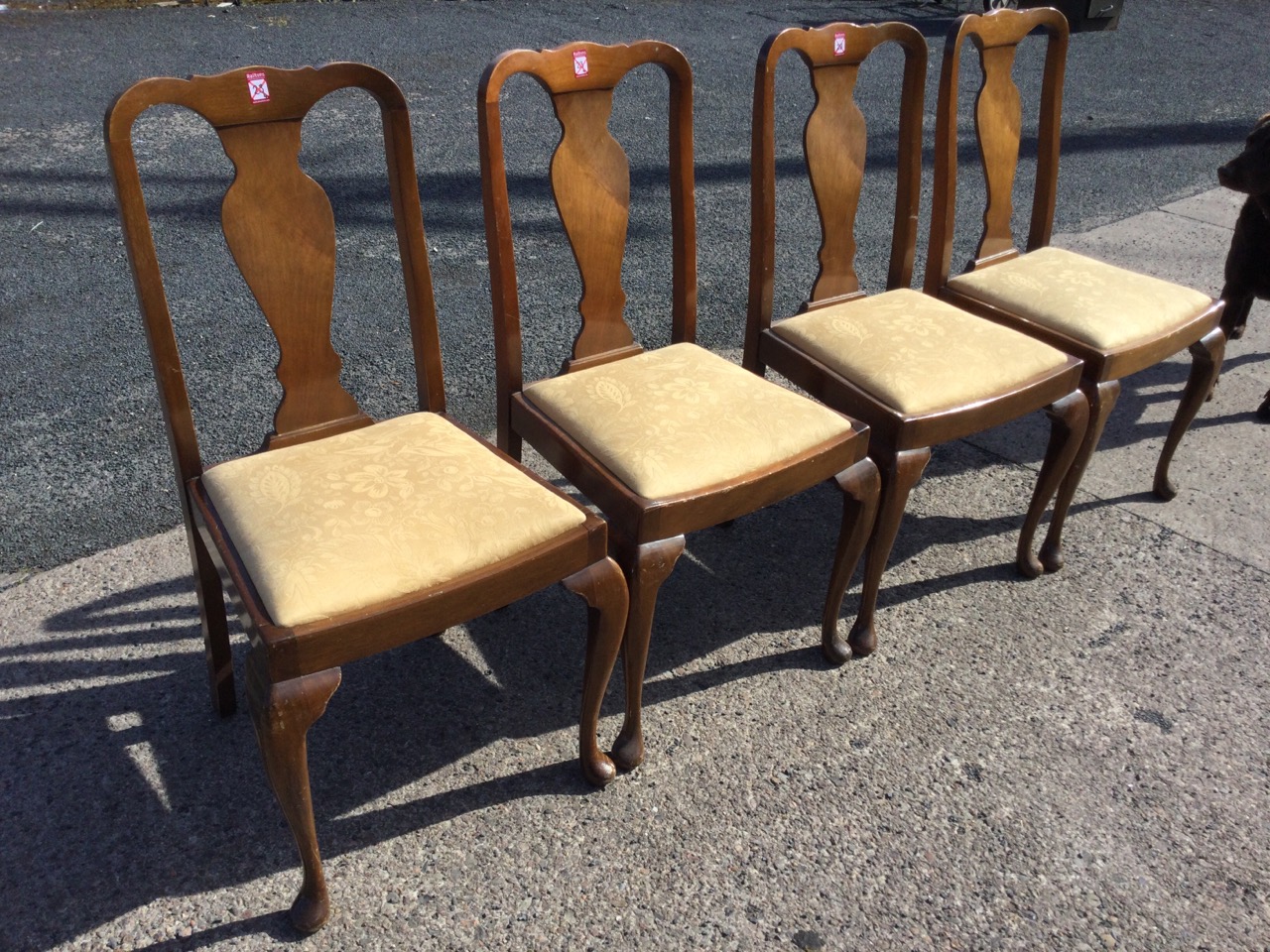 A set of four Queen Anne style walnut dining chairs with vase shaped splats above drop-in - Image 2 of 3