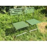 A pair of folding garden chairs with slatted backs & seats on shaped frames. (2)