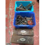 Miscellaneous tools including two cased socket sets, wood handled augers, spanners, hammers, a