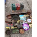 Miscellaneous tins including three shell oil cans, biscuit tins, an ammunition box, toffee tins,