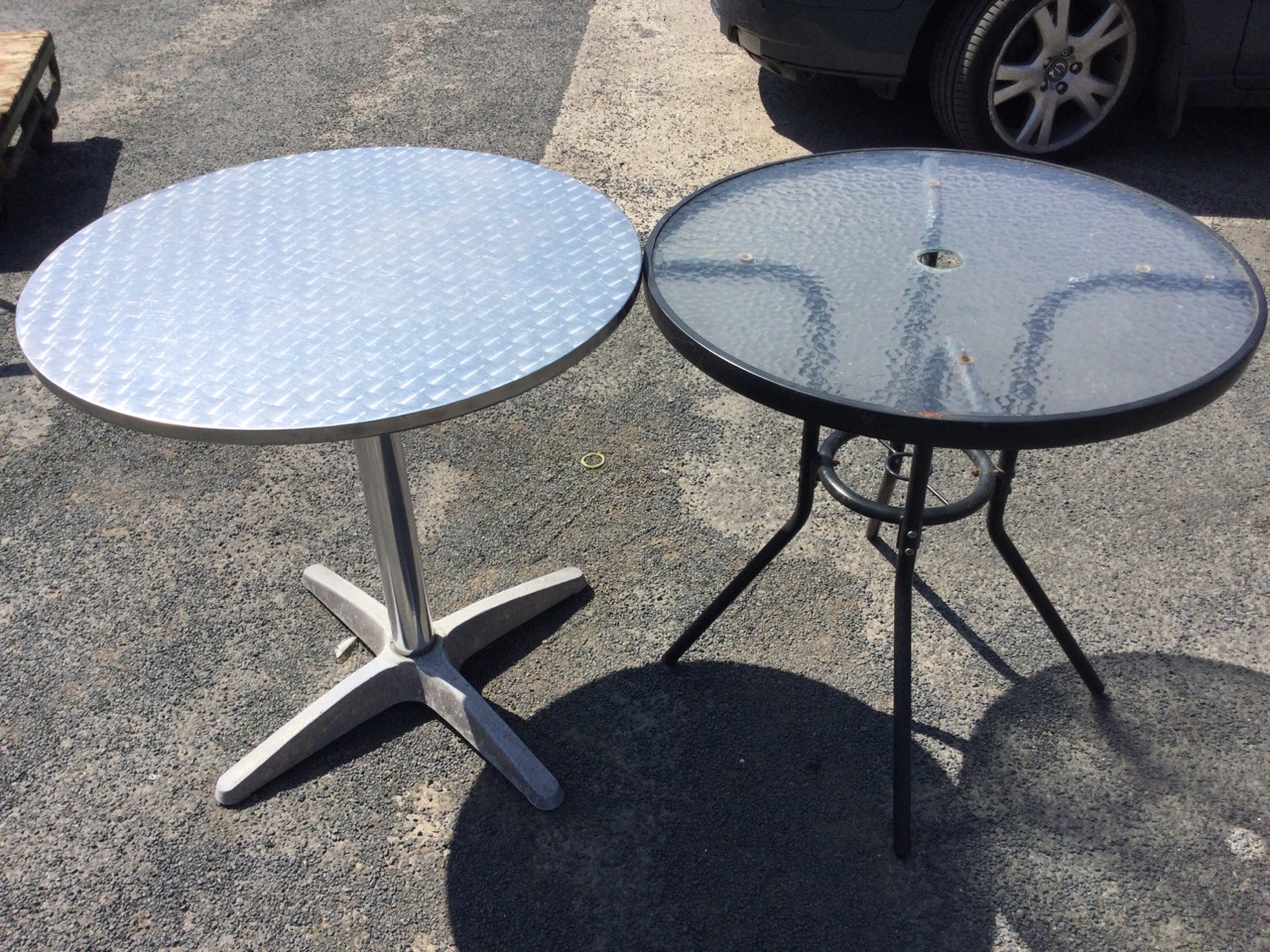 A circular aluminium pub type table on column with four legs; and a circular mottled glass topped - Image 3 of 3