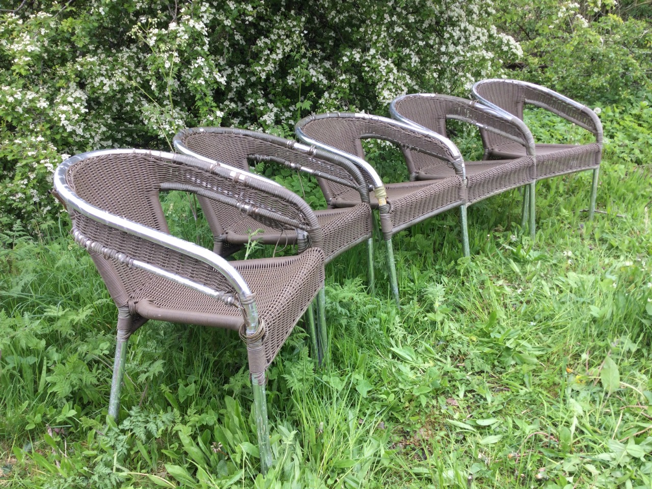 A set of five tubular chrome metal chairs with rounded frames, having faux cane backs & seats, - Image 2 of 3