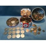 Two tins of miscellaneous coins - pennies, coins, halfpennies, crowns, threepenny bits, sixpences,