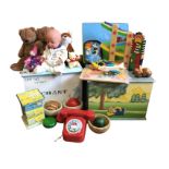 Two wood toy boxes filled with toys – teddy bears, a doll, a cuddly fox, a small set of drawers,