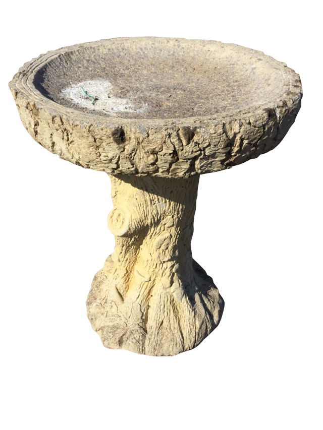 A composition stone birdbath, the dished log moulded bowl on treetrunk column support. (18in x 23.