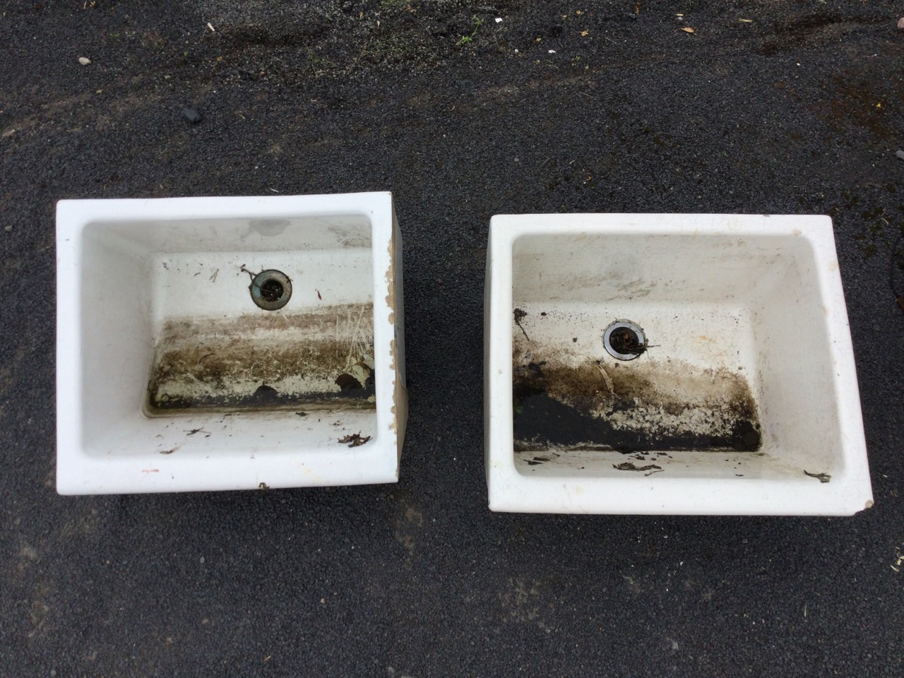 Two glazed butlers sinks with angled fronts to basins. (23.5in & 24.5in) (2)