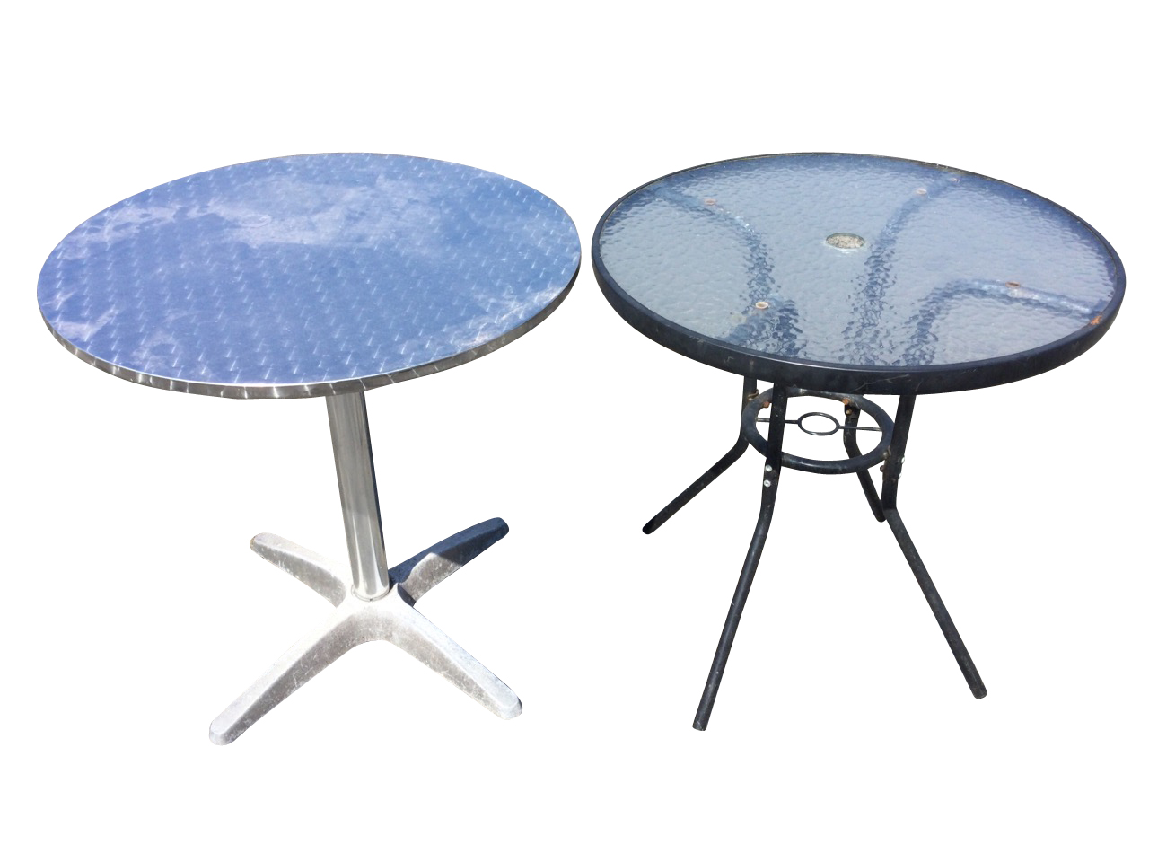A circular aluminium pub type table on column with four legs; and a circular mottled glass topped