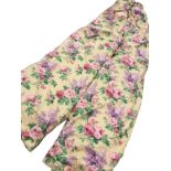 A pair of floral chintz cotton curtains, lined and interlined, printed with roses & lilac on fawn