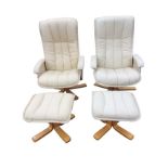 A pair of contemporary cream upholstered adjustable reclining armchairs with matching footstools,