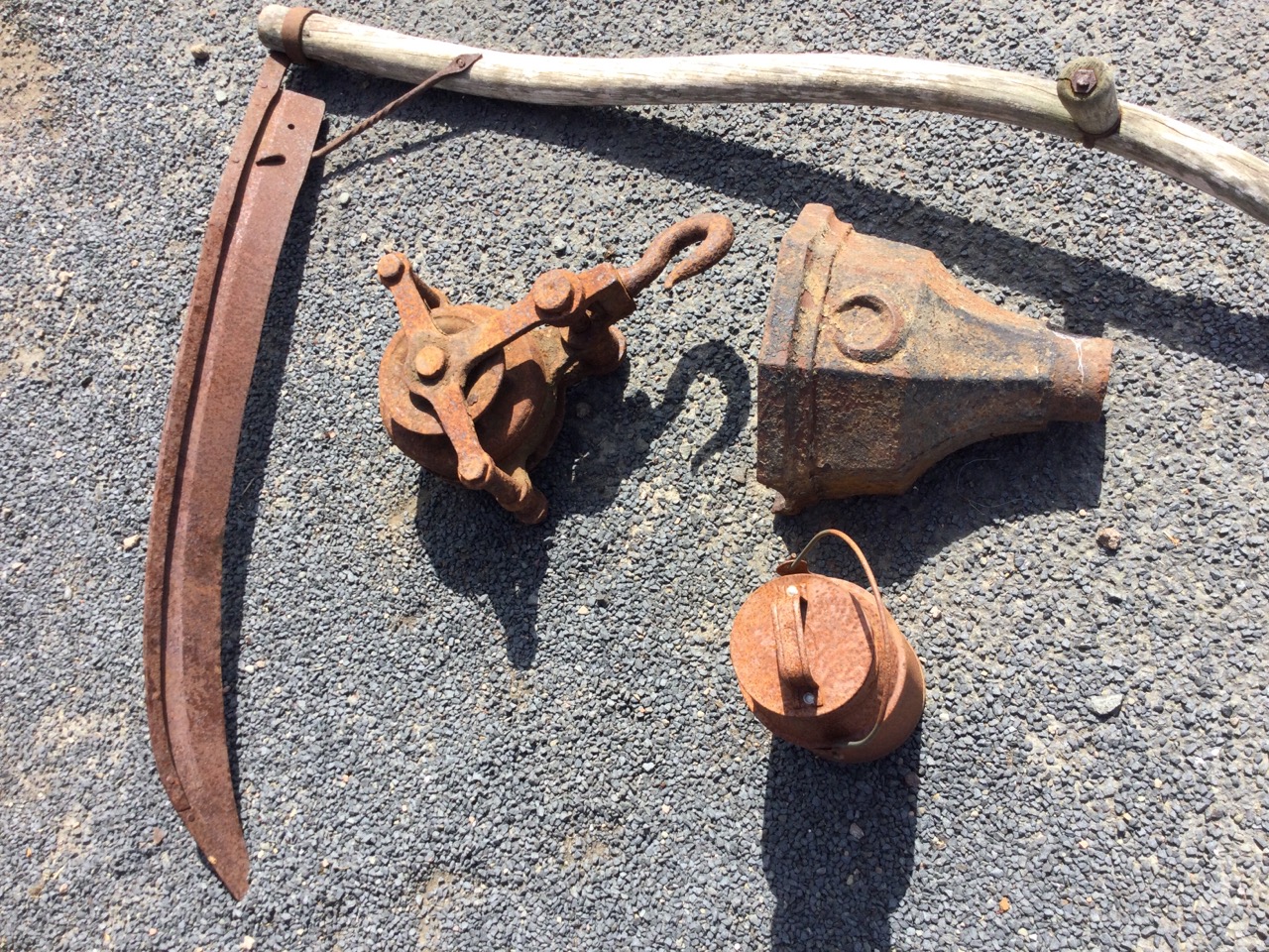 An antique scythe with shaped tapering ash shaft; a cast iron rainwater gutter hopper with Percy - Image 3 of 3