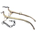 A pair of nineteenth century solid brass horse hames, having iron mounts & chains. (34in) (2)