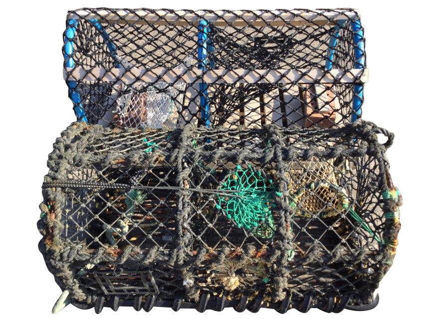 A modern two division rectangular lobster pot on slatted wood base; and an old four-hooped metal