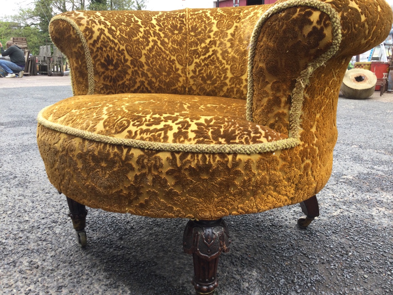 A Victorian mahogany tub armchair, the rounded upholstered back above a circular sprung seat, raised - Image 2 of 3