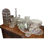 A glass dome thimble display stand on hardwood base; and miscellaneous glass including decanters,