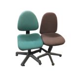 Two modern office chairs with adjustable backs & seats, raised on columns with five legs on casters.