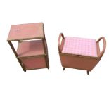 A pink Lloyd Loom style dressing table/linen basket stool with hooped handles; and a matching