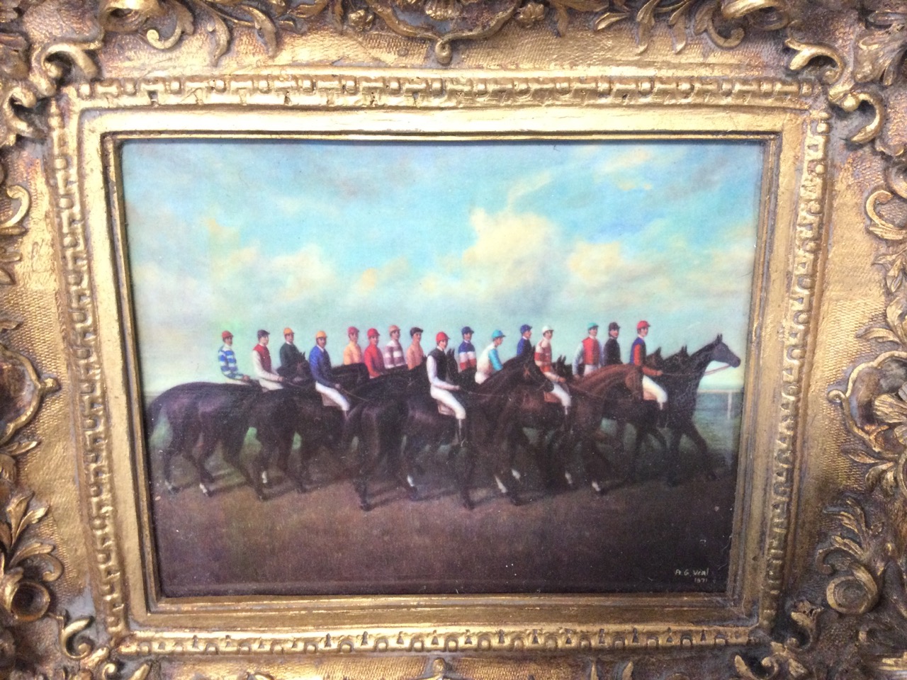 A nineteenth century style gilt framed porcelain panel depicting mounted racehorses after Veal dated - Image 3 of 3