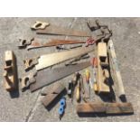 Miscellaneous tools including moulding planes, chisels, braces, pliers, saws, etc. (A lot)