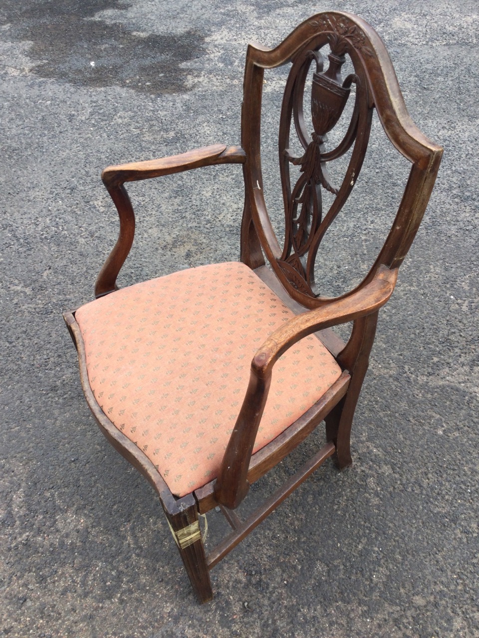 A pair of Victorian Hepplewhite style mahogany armchairs, the shield shaped backs with pierced - Image 3 of 3