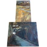 Clare Money, oil on board, interior station platform with girders & arches - 30in x 34in; and