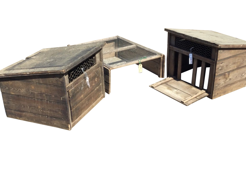 Two tongue & grooved chicken nest boxes with pitched roofs, and a boarded rectangular run with