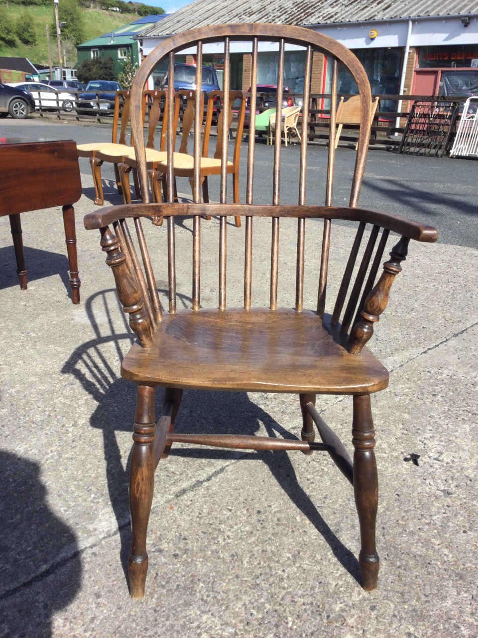 A nineteenth century oak & elm spindleback windsor chair, with arched back and bow arms above a - Image 2 of 3