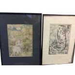 A handcoloured nineteenth century framed print of mother & child in bucolic landscape with