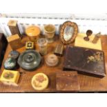 Miscellaneous treen including boxes, turned hardwood cups, an inlaid card box, some painted