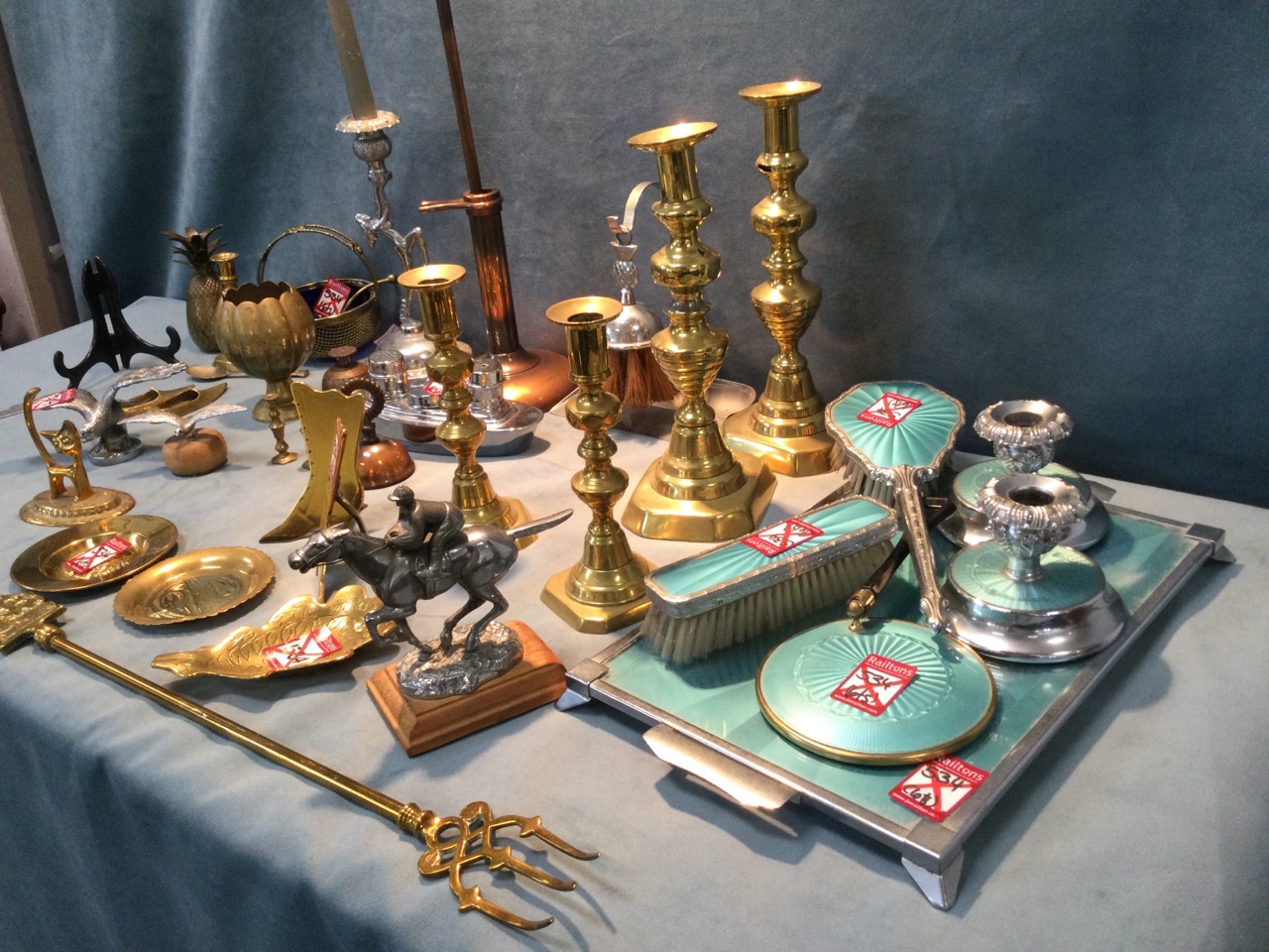 Miscellaneous brass & chrome including two pairs of Victorian candlesticks, three heavy car mascot - Image 2 of 3