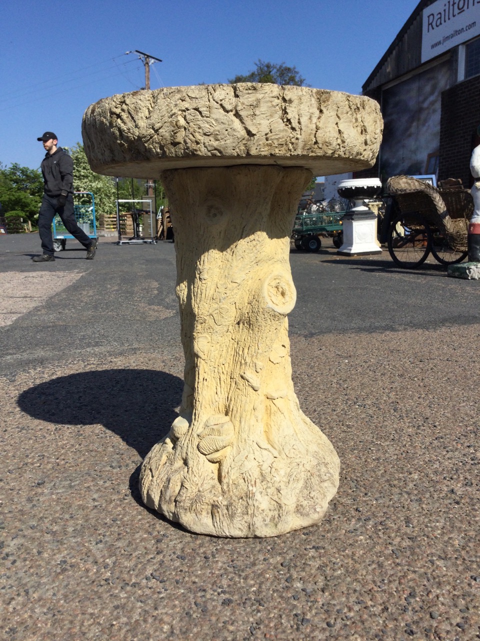 A composition stone birdbath, the dished log moulded bowl on treetrunk column support. (18in x 23. - Image 3 of 3