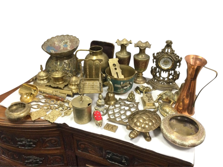 Miscellaneous brass including a desk stand, a pair of Indian vases, bowls, tortoises, ornaments,