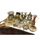 Miscellaneous brass including a desk stand, a pair of Indian vases, bowls, tortoises, ornaments,