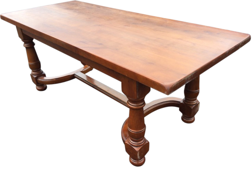 A continental style refrectory table with thick rectangular top on bulbous turned tapering legs