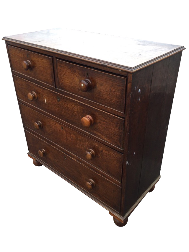 A nineteenth century country oak chest of drawers, with rectangular moulded top above two short