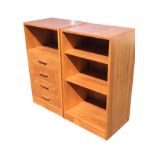 A pair of 70s Danish teak cabinets by Denka Mobler, one with four drawers below an open compartment,