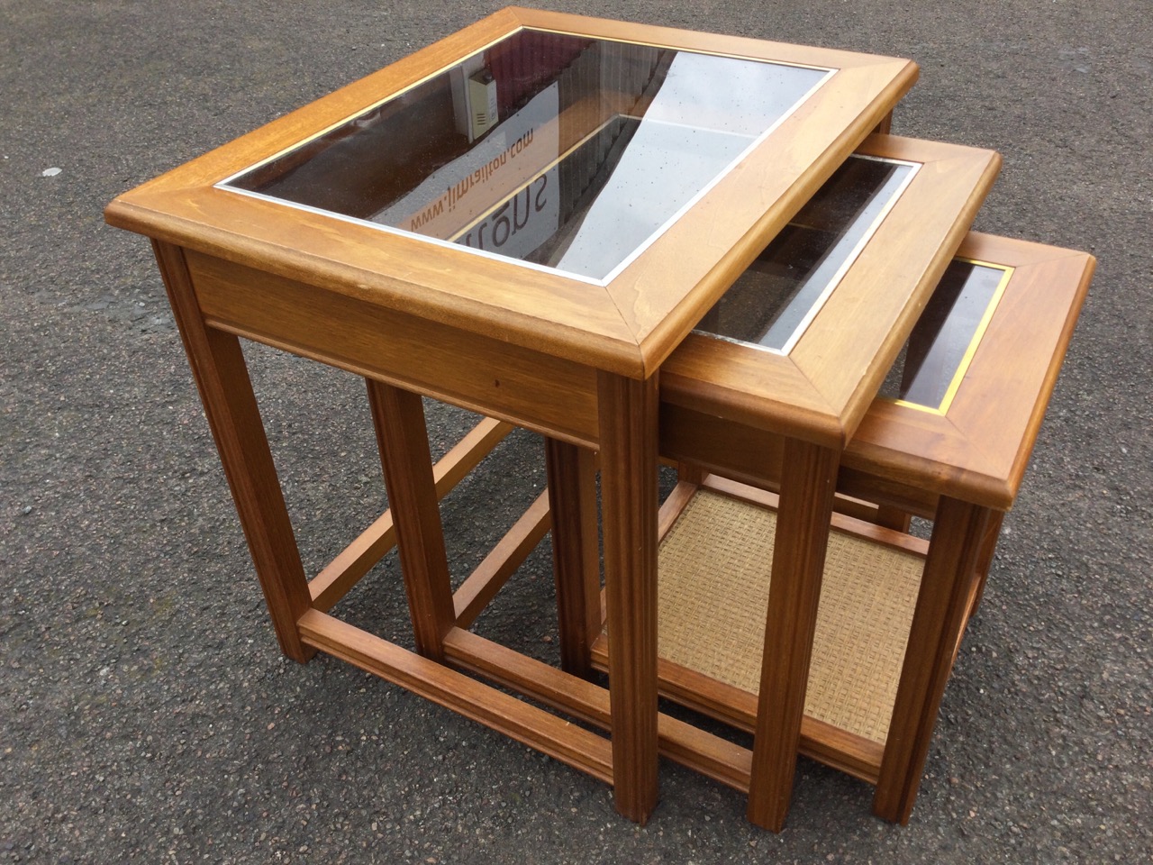 A nest of three 70s coffee tables with rectangular glass panels to moulded tops, raised on square - Image 3 of 3