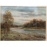 Hamilton Glass, watercolour, river landscape with sheep in foreground, signed, mounted & gilt