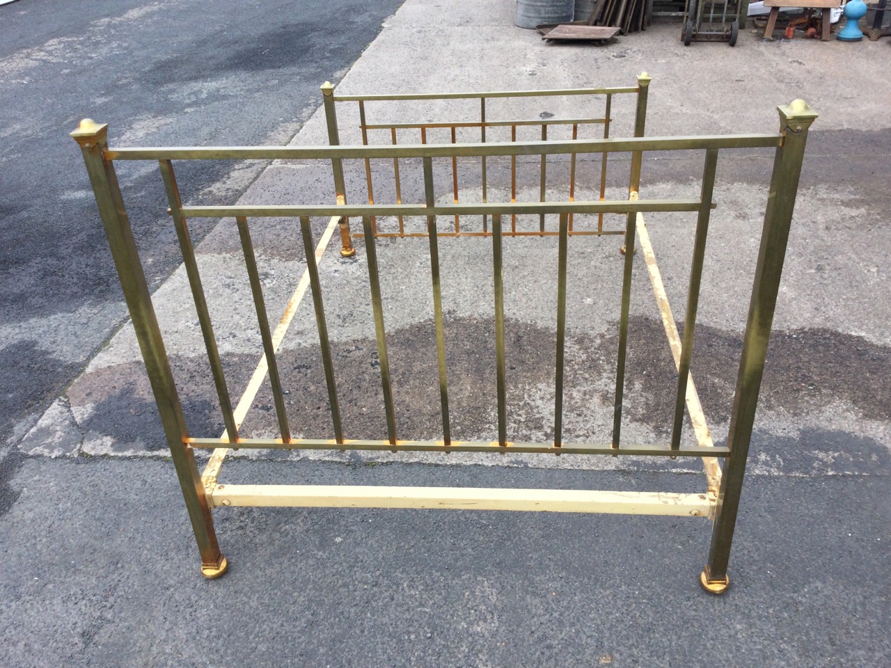 An Edwardian brass double bed having square cornerposts with moulded cappings, the headboard & - Image 3 of 3